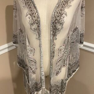 David and Young Sheer Embroidered Kimono in Cream and Brown